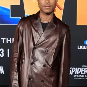 Shop Spiderman Brand New Day LA Premiere 2026 Steve Lacy Brown Leather Long Coat