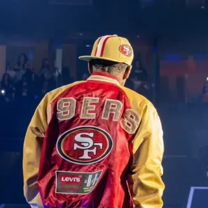 Shop Stadium 49ers Usher Levi’s Red and Yellow Satin Bomber Jacket On Sale