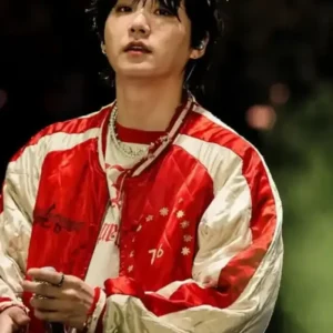 Shop Suga BTS ARIRANG Toronto Red and White Satin Bomber Jacket On Sale