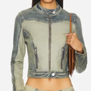 Shop TV Series RHOC S20 Jennifer Pedranti’s Two Tone Blue Denim Moto Jacket For Men and Women