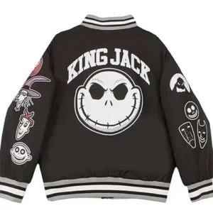 Shop The Nightmare Before Christmas Jack Skellington King Jack Black Gray Graphic Varsity Jacket On Sale