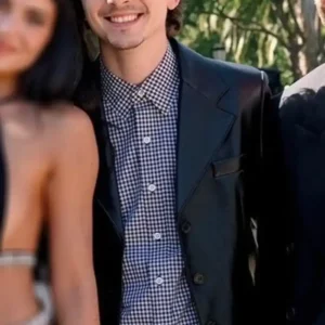 Shop Timothée Chalamet Jordyn Woods and Karl-Anthony Towns’ Wedding Black Leather Blazer