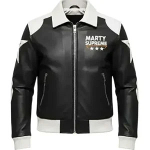 Shop Timothée Chalamet Marty Supreme Star Black and White Bomber Leather Jacket For Sale