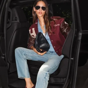 Shop Tommy Hilfiger 1985 Yasmin Wijnaldum Maroon and Brown Varsity Jacket