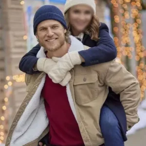 Shop Travis Van Winkle Movie Tis the Season to be Merry Adam Walters Beige Shearling Trucker Jacket On Sale