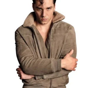 Shop VMAN Photoshoot 2026 Belmont Cameli Brown Suede Leather Bomber Jacket