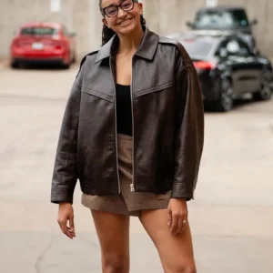 Shop WNBA Haley Jones 2026 Pregame Arrival Brown Leather Jacket On Sale