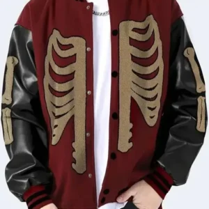 Skeleton Baseball Maroon and Black Varsity Jacket