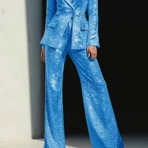 Sparkly Blue 2 Piece Sequins Women Prom Suit