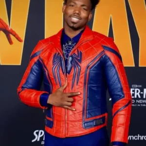 Spider-Man Brand New Day Premiere Dominique Barrett Quilted Red and Blue Leather Jacket For Sale