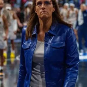 Stephanie White WNBA Playoffs Blue Cropped Leather Jacket