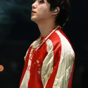 Suga BTS ARIRANG Toronto Red and White Satin Bomber Jacket On Sale