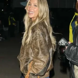 Super Bowl LX Brunch 2026 Alix Earle Distressed Brown Vintage Leather Bomber Jacket