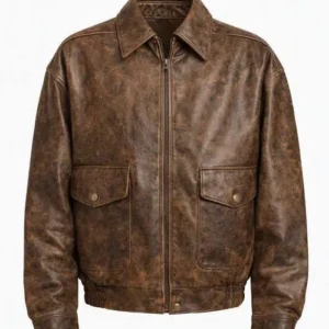Super Bowl LX Brunch 2026 Alix Earle Distressed Brown Vintage Leather Bomber Jacket Sale