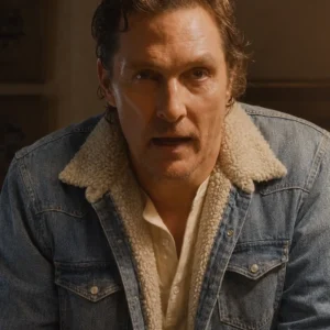 The Rivals of Amziah King Matthew 2026 McConaughey Blue Denim Sherpa Jacket On Sale