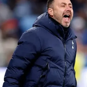 Tottenham Hotspur Roberto De Zerbi Blue Hooded Puffer Jacket For Sale