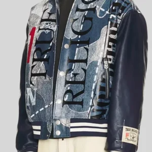 True Religion Logo Denim Print Bomber Jacket