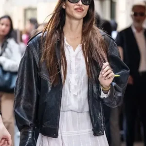 Amelia Gray Milan Fashion Week Dark Brown Oversized Leather Bomber Jacket