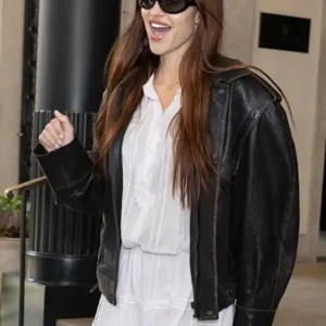 Amelia Gray Milan Fashion Week Dark Brown Oversized Leather Bomber Jacket On Sale