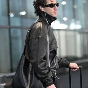Belmont Cameli Arriving Paris Fashion Week 2026 Black Bomber Leather Jacket