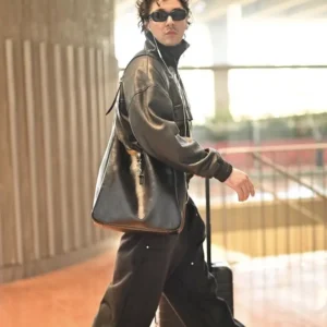 Belmont Cameli Arriving Paris Fashion Week 2026 Black Bomber Leather Jacket On Sale