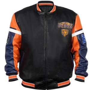 Chicago Bears Black Varsity Full-Zip Leather Jacket Front Look