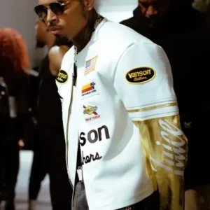 Chris Brown R&B Tour Vanson Leathers White and Gold Leather Racing Jacket