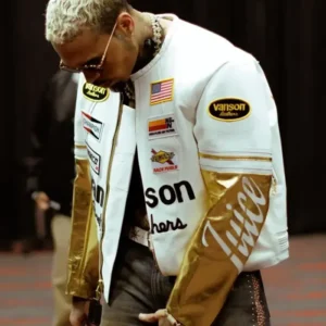 Chris Brown R&B Tour Vanson Leathers White and Gold Leather Racing Jacket On Sale