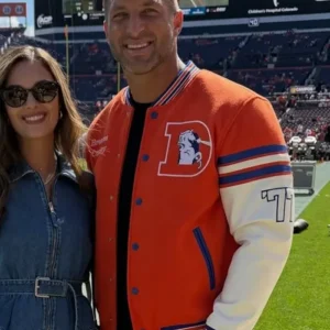 Denver Broncos 2026 Tim Tebow Unisex Leather Sleeves Orange and White Wool Varsity Jacket On Sale
