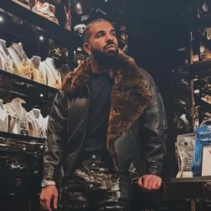Drake Show Off Jewelry Room Brown Fur Black Leather Shearling Aviator Bomber Jacket On Sale