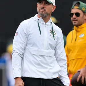 Green Bay Packers Matt LaFleur Nike 2026 White Sideline Logo Glory Anorak Half-Zip Hooded Jacket