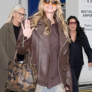 Heidi Klum Milan Fashion Week Brown Oversized Pebbled Leather Biker Jacket