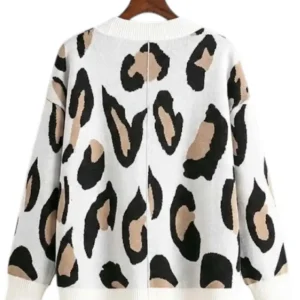 JASCLS White and Black V-neck Knit Cardigan with Leopard Pattern