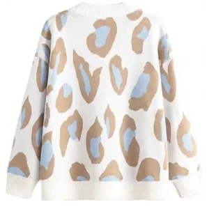 JASCLS White and Brown V-neck Knit Cardigan with Leopard Pattern