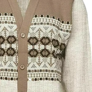 Men Classic Cardigan Argyle Diamond Pattern Beige Button Up Sweater