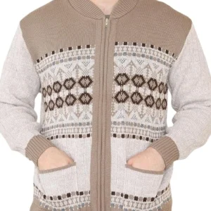 Men Classic Cardigan Argyle Diamond Pattern Beige Zip Up Sweater