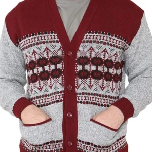 Men Classic Cardigan Argyle Diamond Pattern Red Button Up Sweater