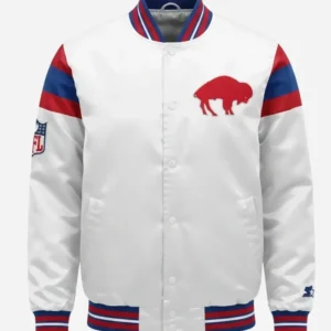 NFL Buffalo Bills 2026 Throwback Starter White Satin Varsity Jacket On Sale