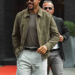 Shop Aaron Pierre TIFF Photoshoot Green Suede Leather Jacket