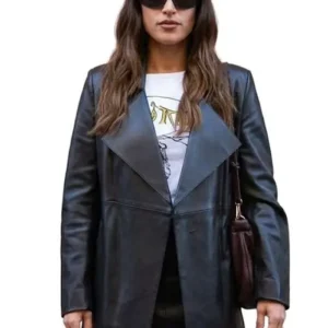 Shop Adria Arjona Milan Fashion Week 2026 Black Leather Coat On Sale