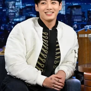 Shop BTS Jungkook The Tonight Show White Bomber Jacket On Sale