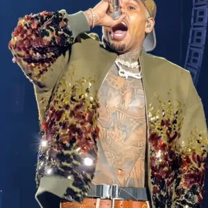 Shop Chris Brown 2026 R & B Tour Green Bomber Sequin Jacket On Sale
