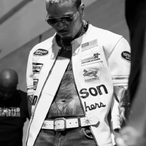 Shop Chris Brown R&B Tour Vanson Leathers White and Gold Leather Racing Jacket On Sale