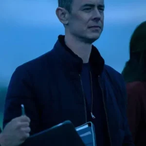 Shop Colin Hanks TV Serie Silo 2026 Per Stenson Black Bomber Jacket On Sale