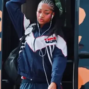 Shop FIBAWWC Angel Reese Custom Vintage Team USA Blue Polyester Windbreaker Track Jacket