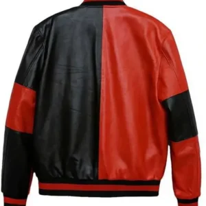 Shop Harley Quinn Harleen Frances Red and Black Leather Bomber Jacket