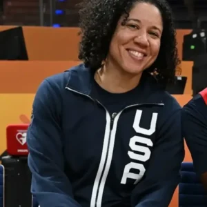 Shop Kara Lawson USA Women’s World Cup White USA Lettering and Flag Patch Navy Full-Zip Jacket
