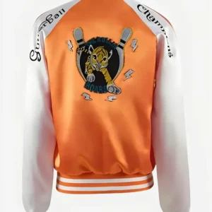 Shop Karen Gillan Gunpowder Milkshake Orange Satin Bomber Jacket