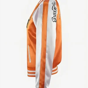 Shop Karen Gillan Gunpowder Milkshake Orange Satin Bomber Jacket On Sale