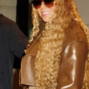 Shop Mariah Carey NYC 2026 Brown Cropped Leather Biker Jacket